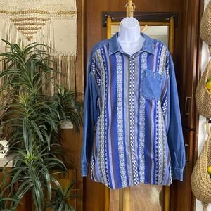 90s Western Boho Denim Shirt 24W | Southwestern Folk Stripe Vintage Button Down